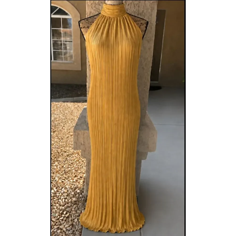 Lulus Gwenny Golden Yellow Satin Plisse Maxi Dress Size L NEW
